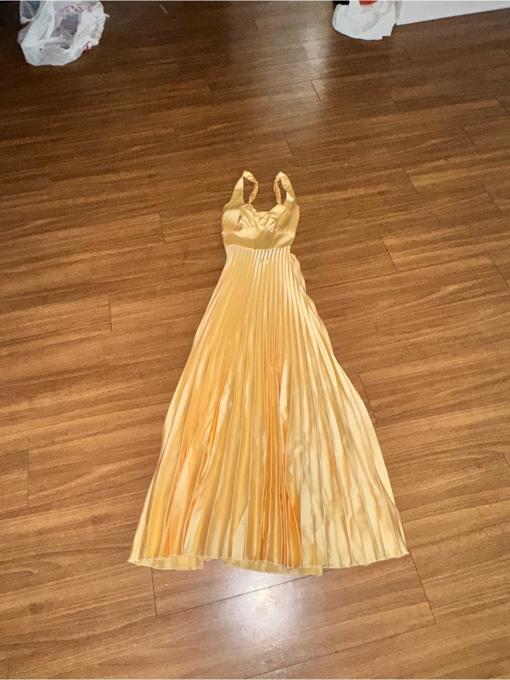 Yellow Pleated Satin Maxi Dress with Straps